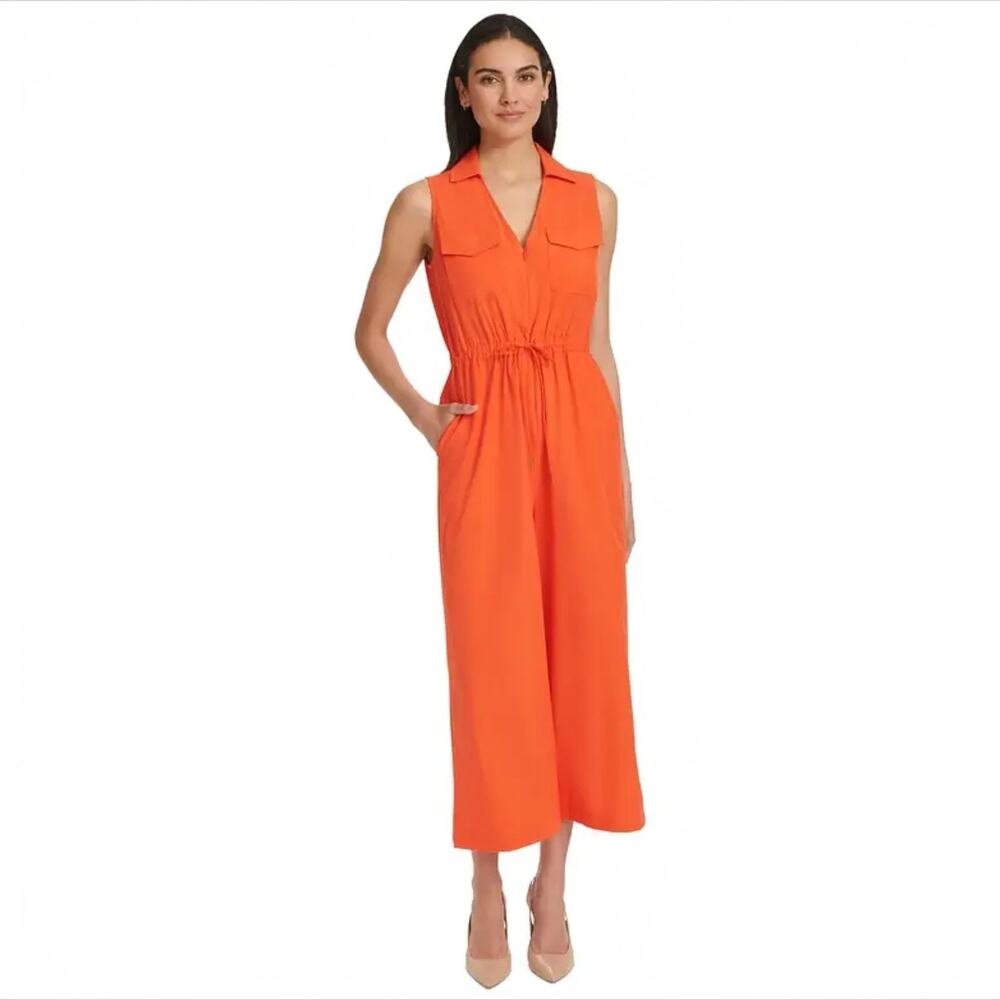Calvin Klein Collared V-Neck Straight-Leg Jumpsuit In Rust Orange